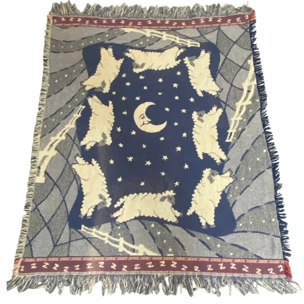 Vintage Woven Throw Blanket Baby Sleep Moon Counting Sheep Fringe 54x43 Afghan